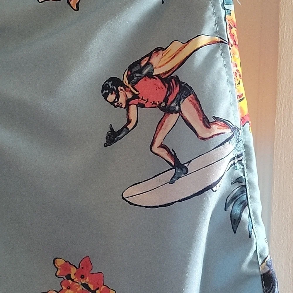 Batman & Robin Comic Men's Blue Multi Color Hawaiian Surf Swim Trunks, Size: M